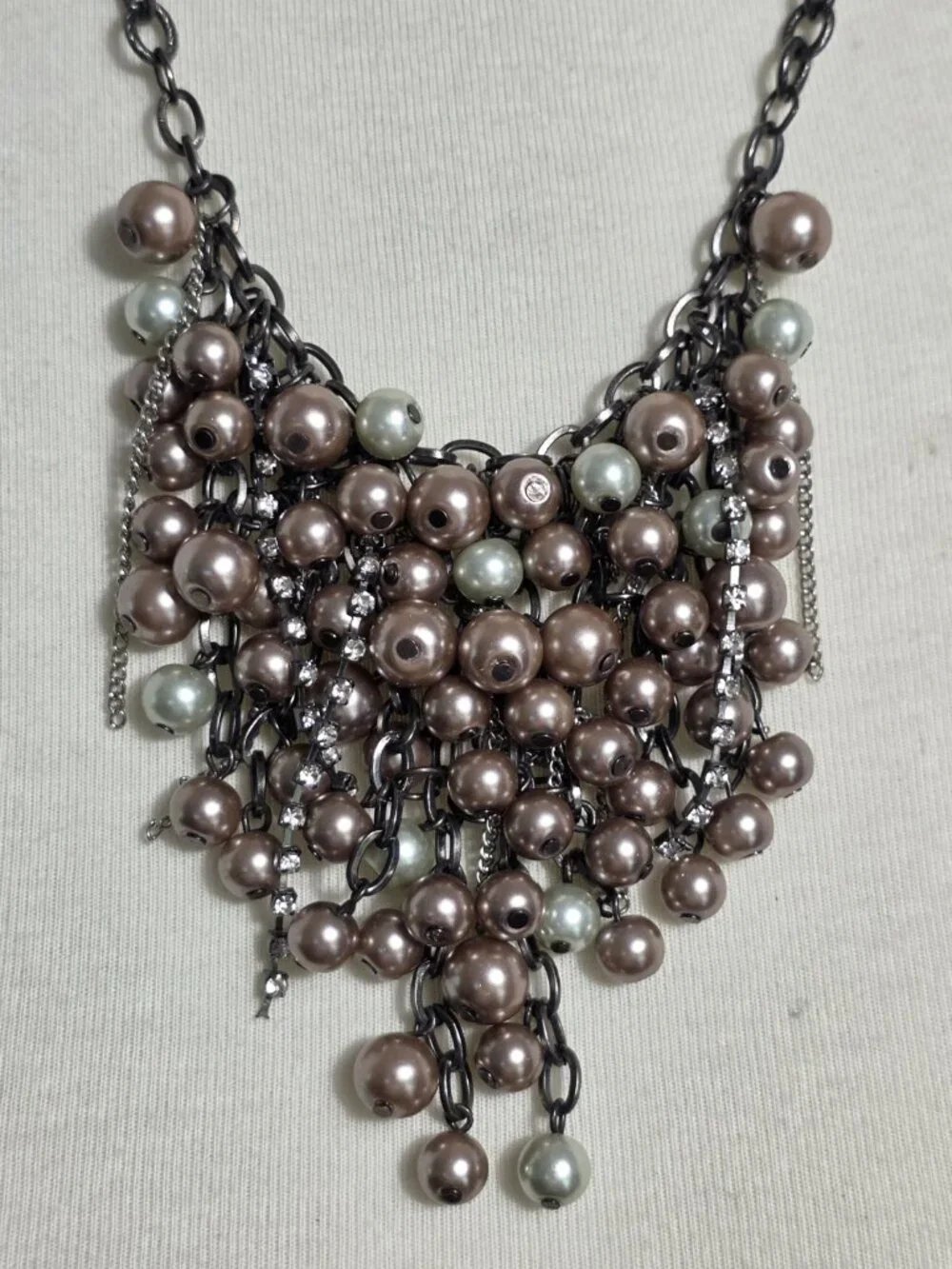 Simply Vera Wang Pearl Bead Bib Necklace Taupe & Gray with Rhinestone Drops